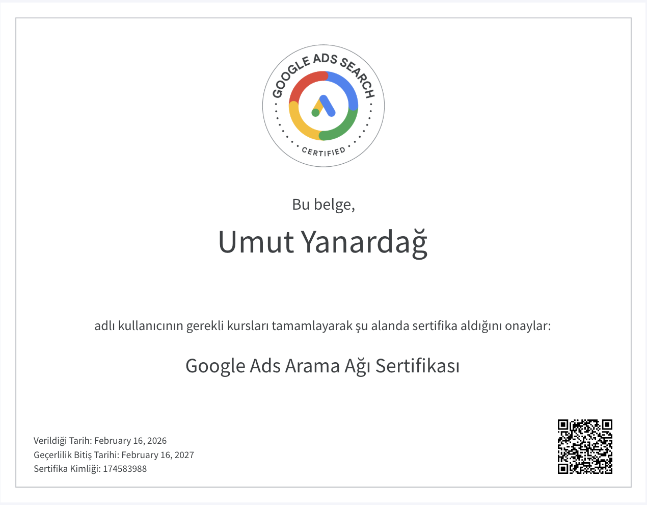 Google Ads Arama Ağı Sertifikası