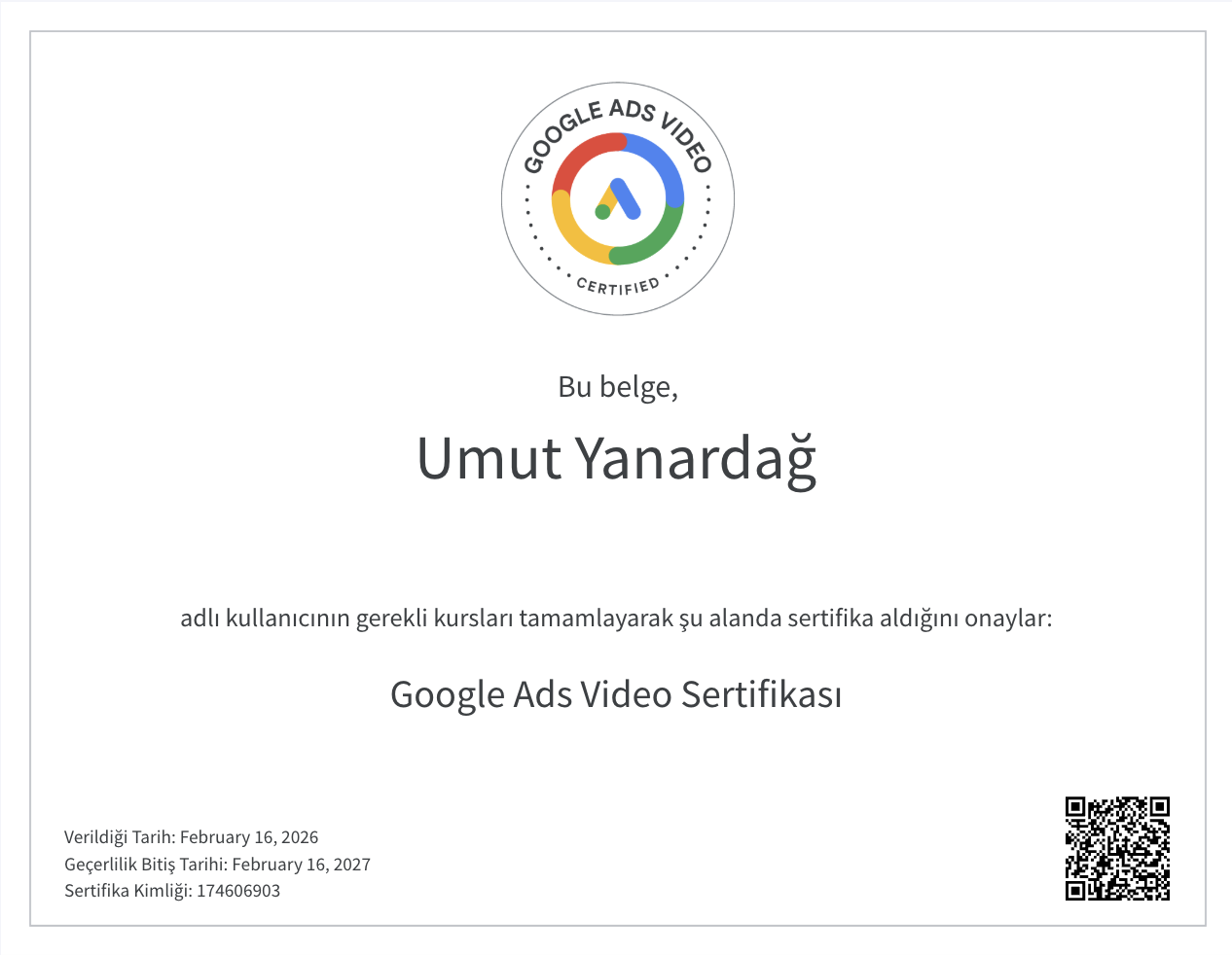 Google Ads Video Sertifikası